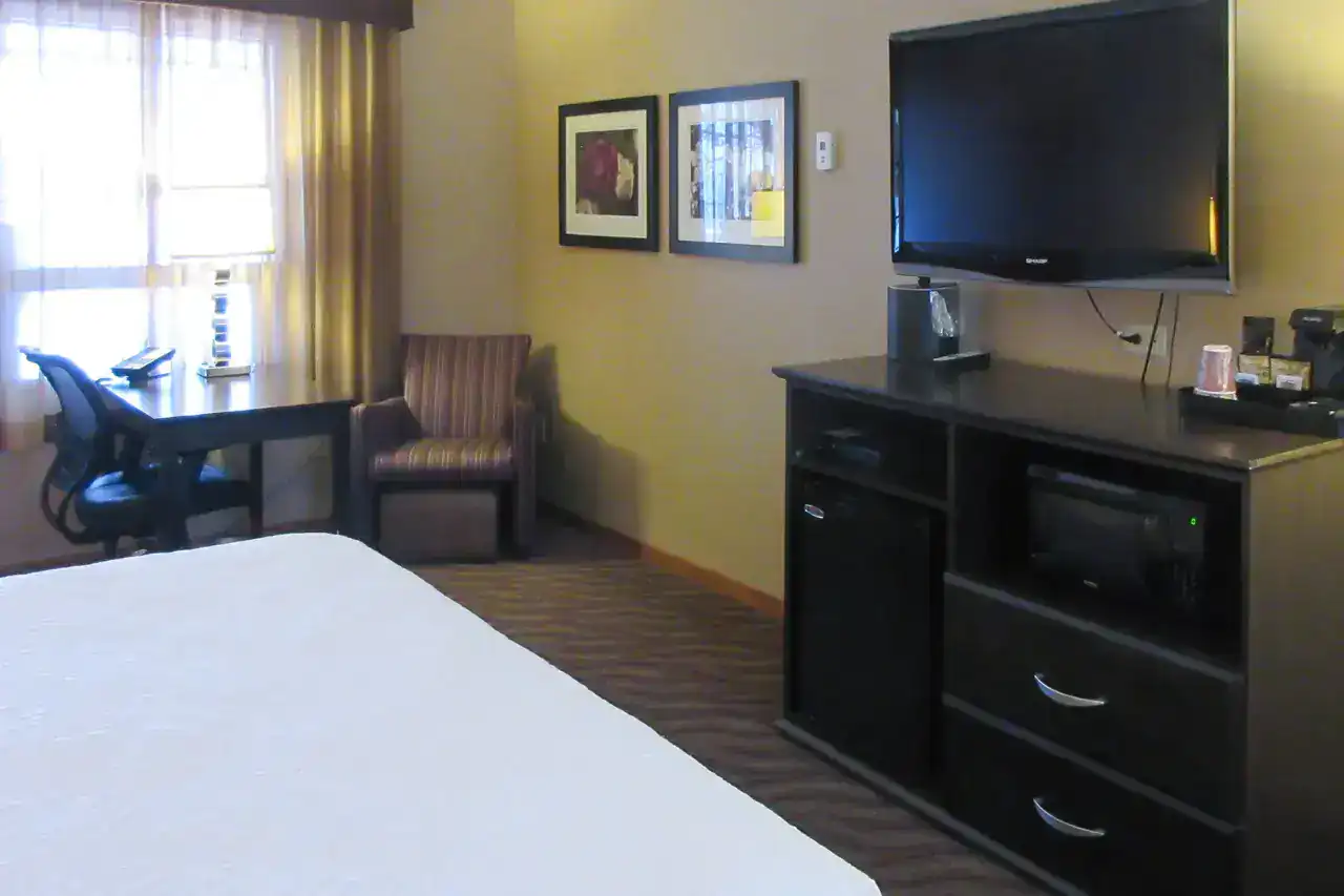A Standard King room at The DL Hotel, with a desk and chair by the window and a flat-screen TV above the fridge and microwave